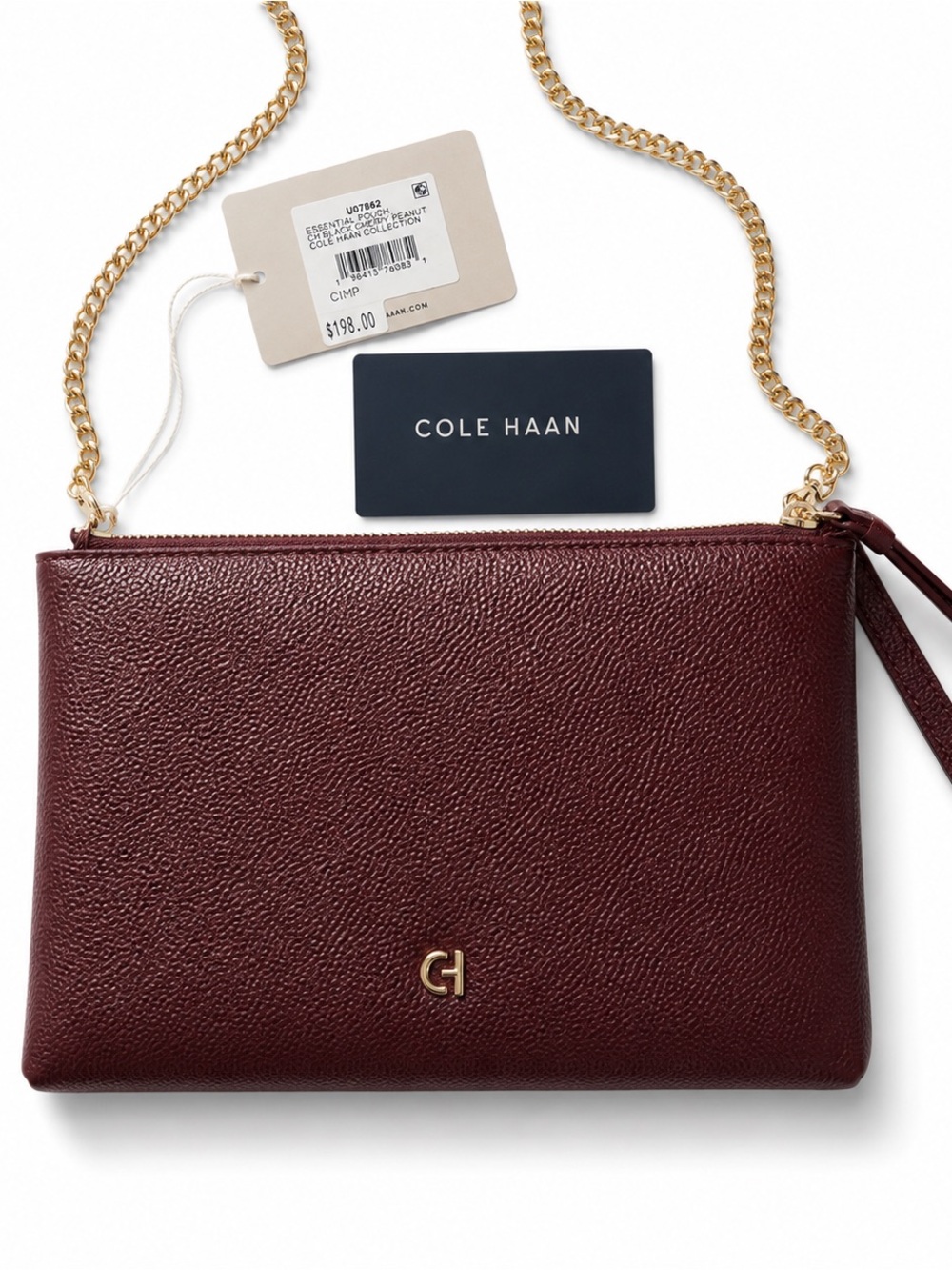 NWT Cole Haan Pebbled Leather Convertible Crossbody Clutch Burgundy Gold Chain